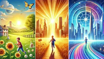 DALL・E 2025-03-26 16.14.58 - A bright, uplifting artistic image symbolizing a person's journey through time_ on the left, the 'past' showing a joyful child playing in a sunny fiel.jpg